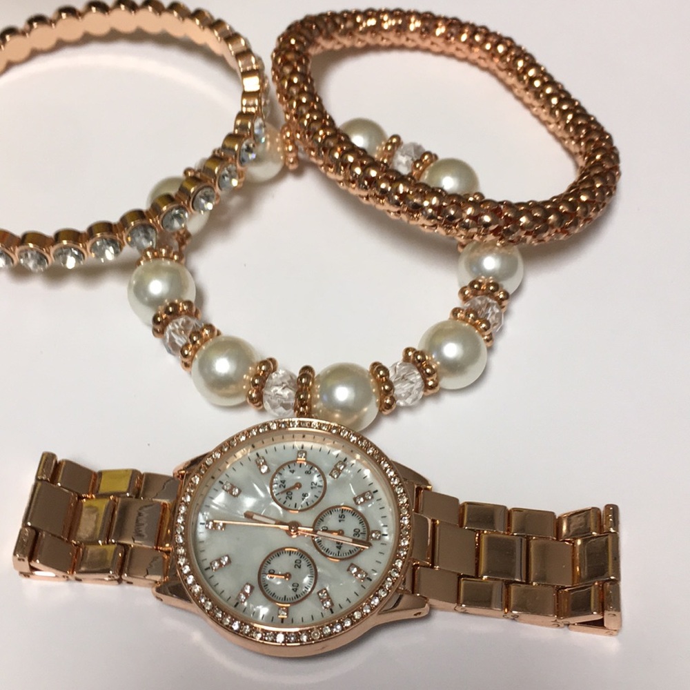 Rose gold watch &  3 bracelet set